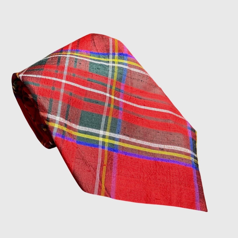 Ronnie Hek Red‎ Tartan Plaid Raw Silk Tie Made in Scotland Mens Necktie